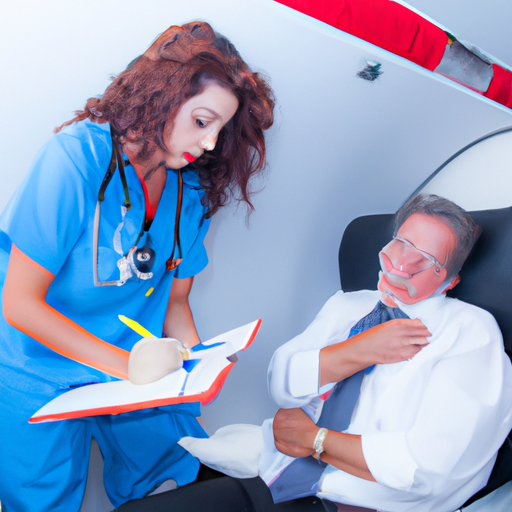 רופא המטפל בחולה על סיפון טיסה רפואית, המציג את רמת הטיפול הניתן