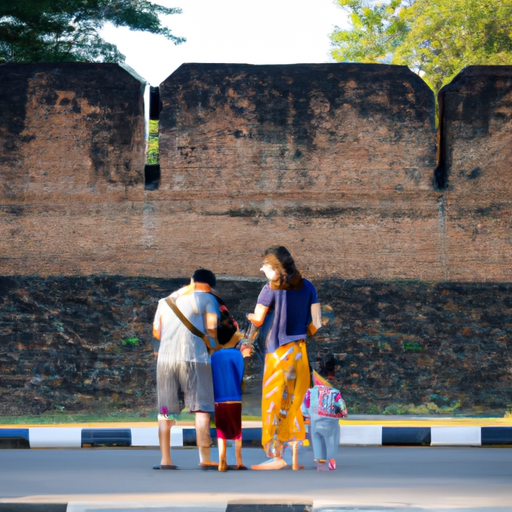 משפחה עומדת בכניסה לעיר העתיקה של צ'יאנג מאי, החומות העתיקות ברקע