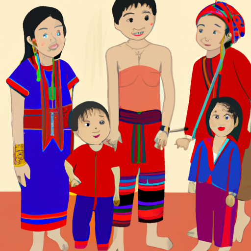 משפחה מצטלמת עם בני שבט גבעות, לבושים בלבוש המסורתי שלהם