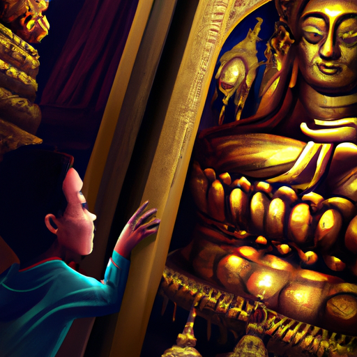 ילד מתפעל מהפרטים המורכבים של פסל בודהה מוזהב במקדש